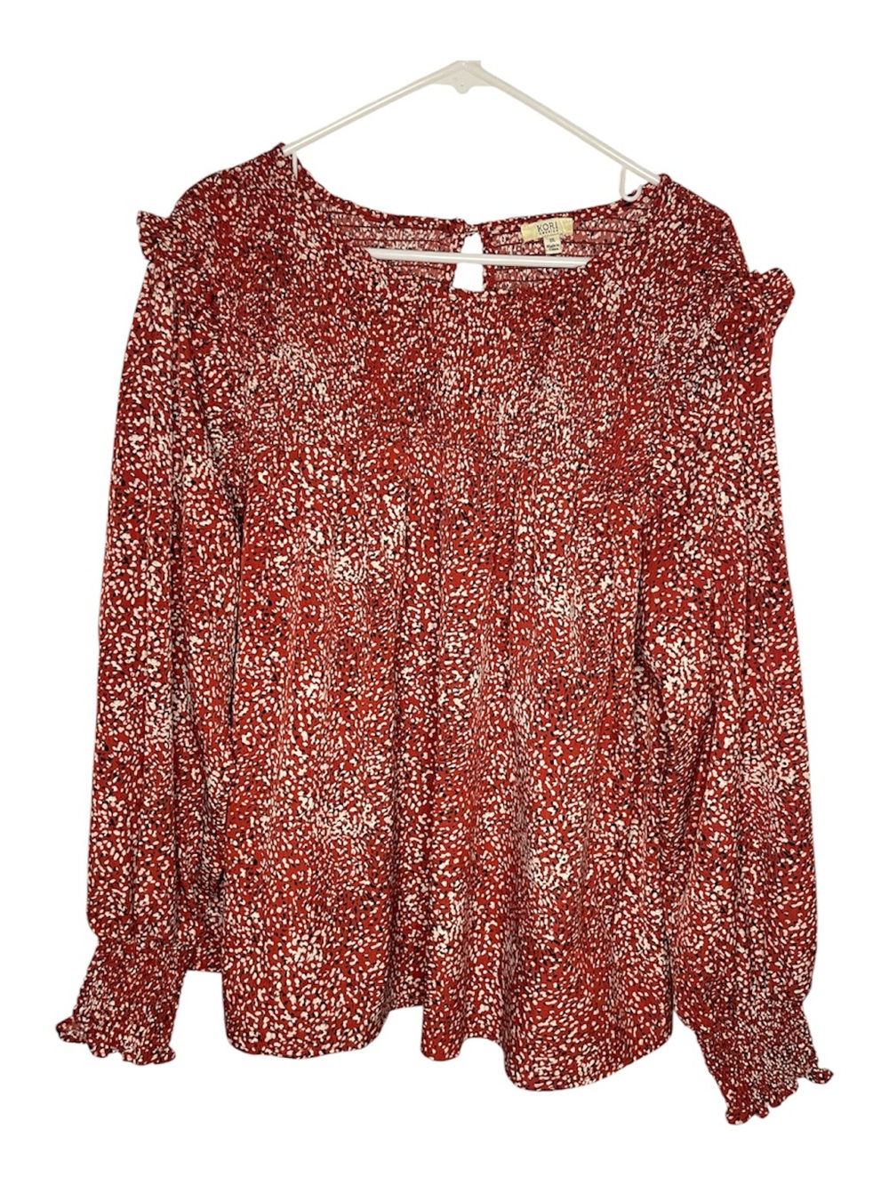 Kori Red Printed Ruffle Shoulder Smocked Cuff Boho Blouse